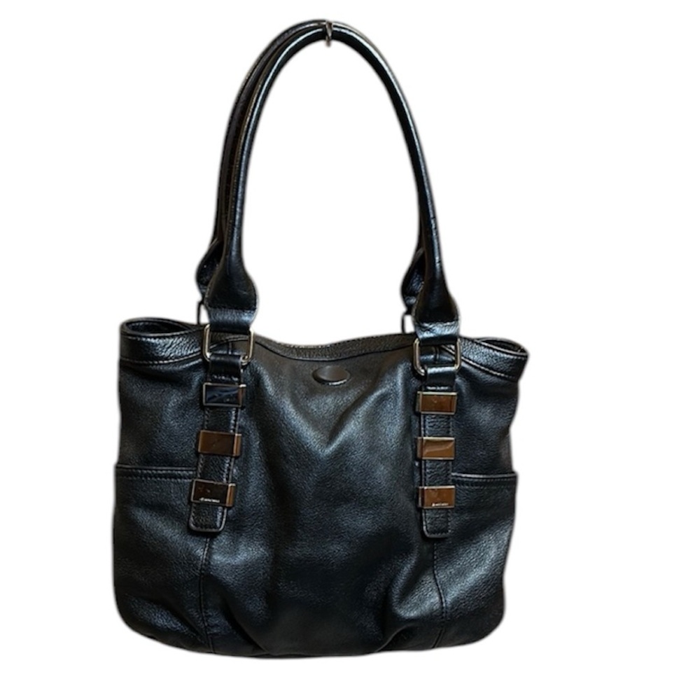 B. Makowsky Black Leather Handbag with Silver Hardware